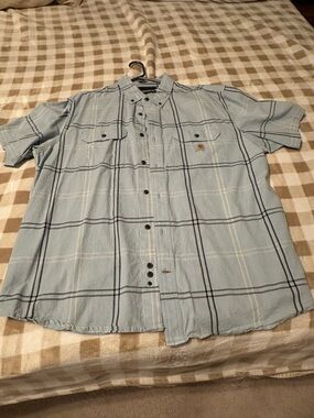 Carhartt Light Blue Plaid Short-Sleeve Button-Down Shirt 2XL Loose Fit
